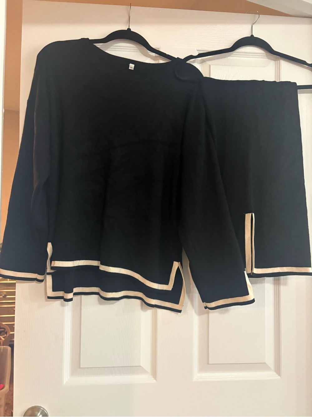 Black Casual/ Lounge Pant Set with Cream Trim — Classic Two-Piece